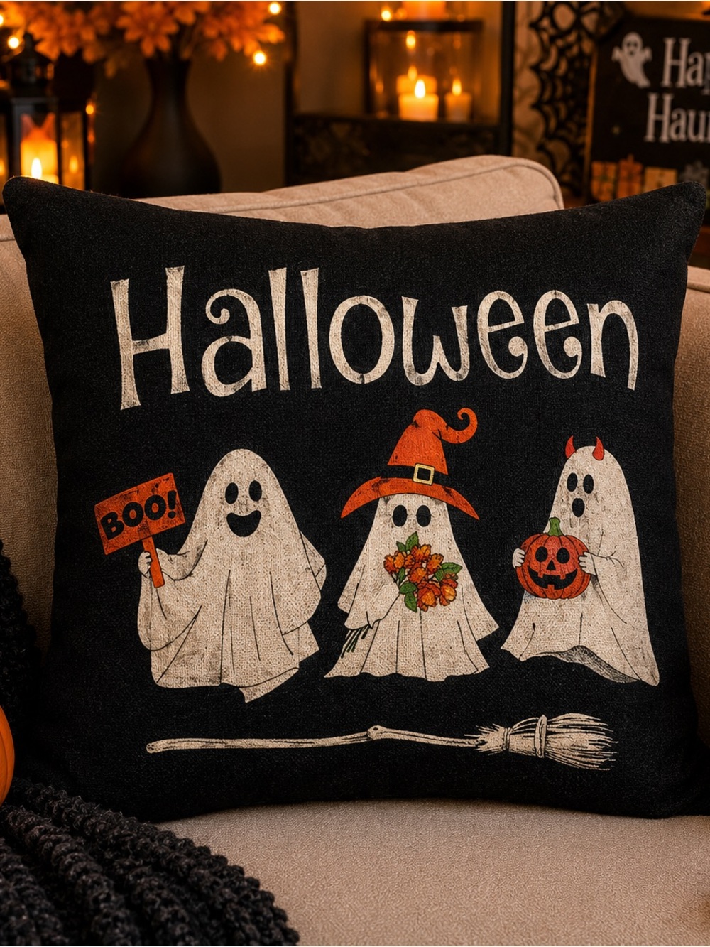 Halloween black throw pillow COVER with 3 ghosts
